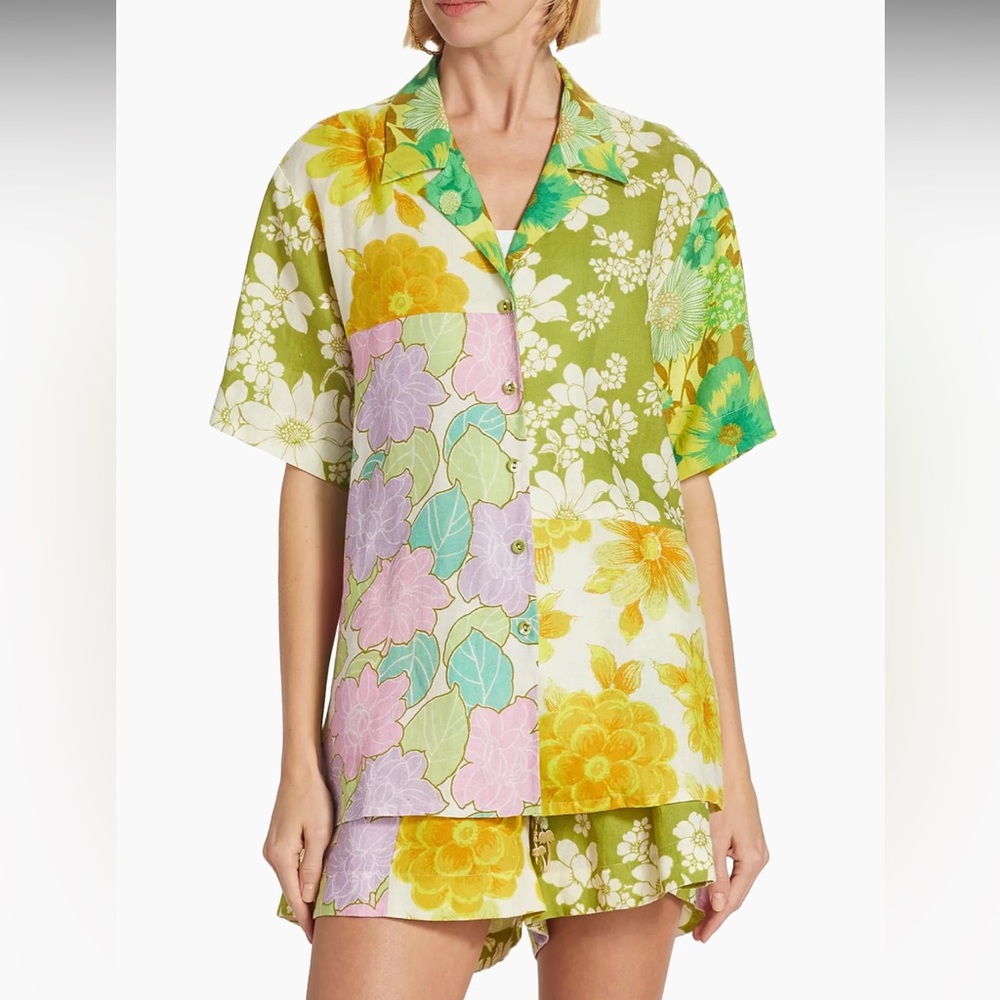NWOT ALEMAIS Elora Patchwork Linen Shirt US Size 6